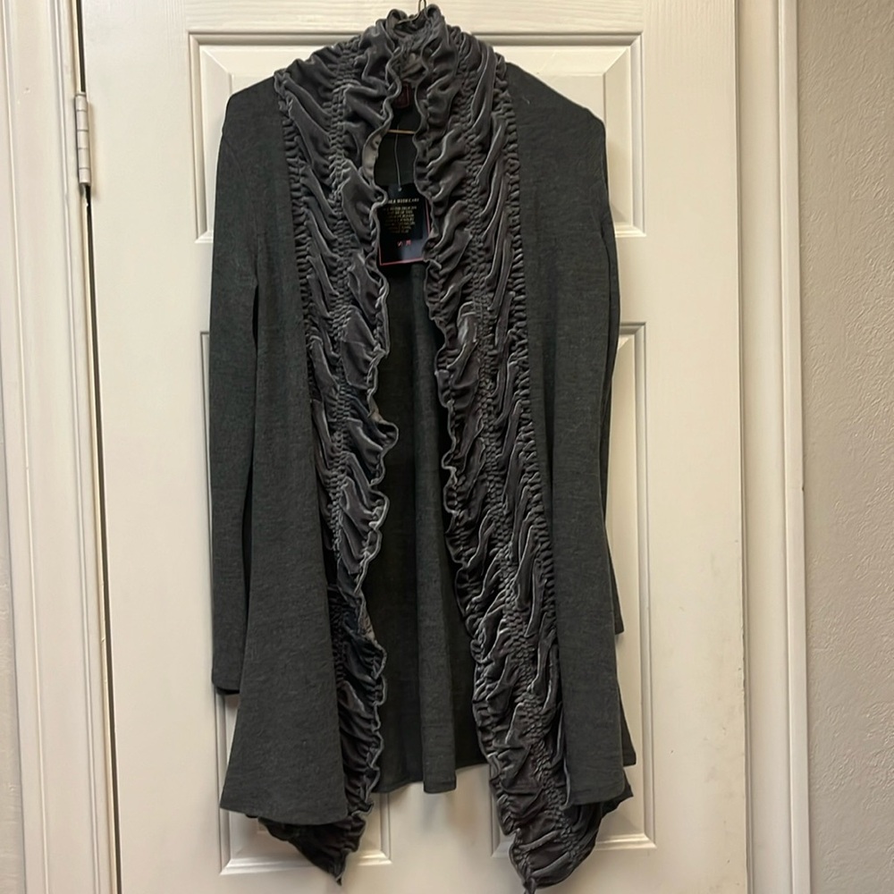 Women’s Gray Ruffled Front Cardigan - Picture 2 of 12